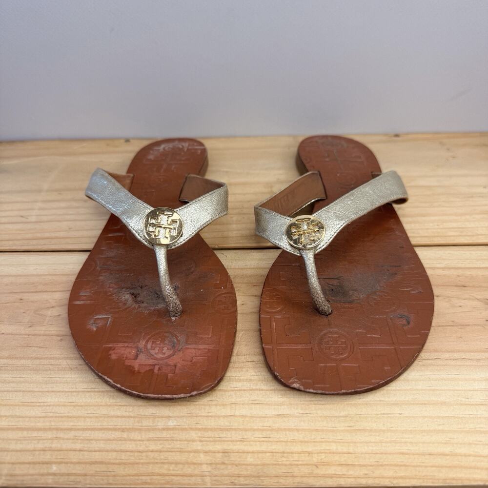 Tory Burch Manon Black Vachetta Leather Thong Sandals Flip Flops Size 8.5